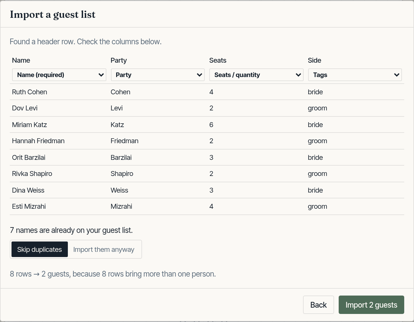 Wedding guest list import: spreadsheet columns mapped to name, party and seats in the seating chart maker